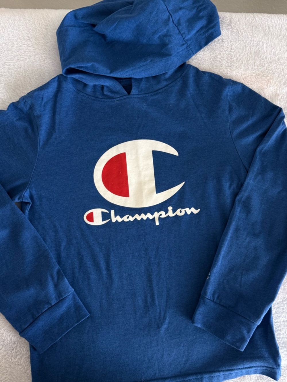 Champion Navy Blue Hoodie with White and Red Logo